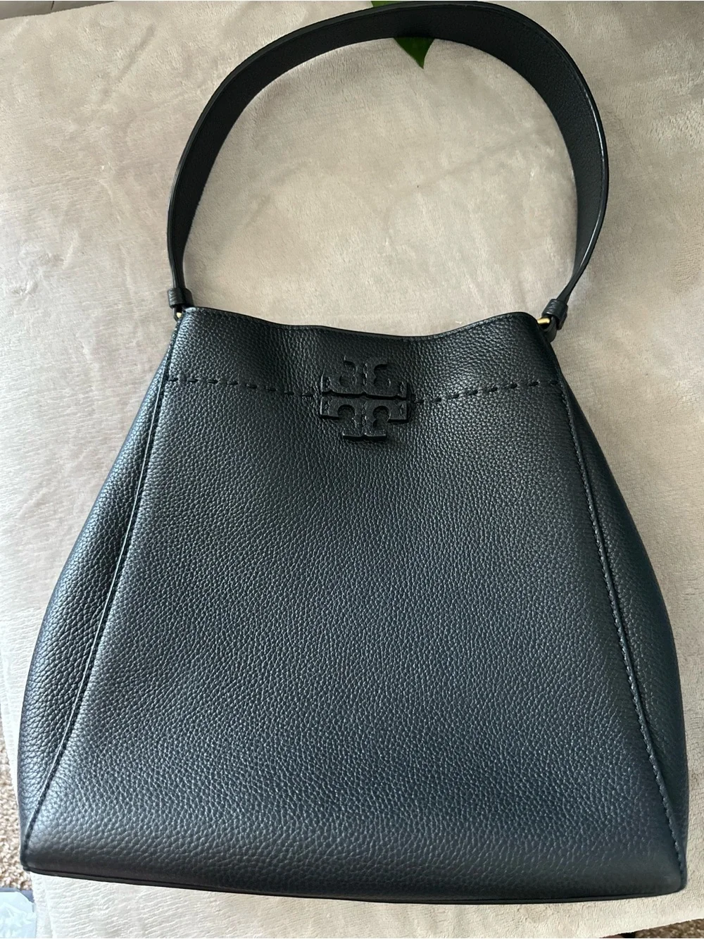 Tory Burch Black Pebbled Leather Shoulder Hobo with Logo